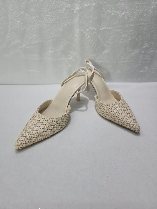 Woven Pointed Toe Slingback Heels - Cream - Picture 1 of 7